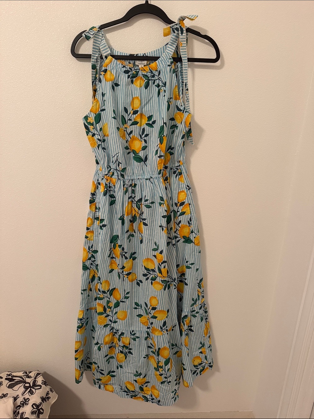 J. Crew Blue-and-White Striped Midi Dress with Yellow Lemon Print